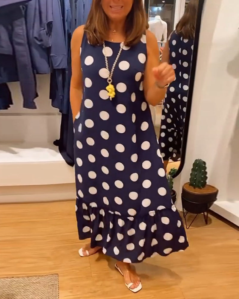 Sleeveless polka-dot pocket dress