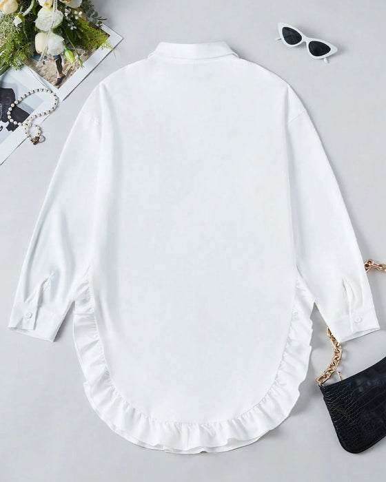 Lapel ruffled solid color shirt