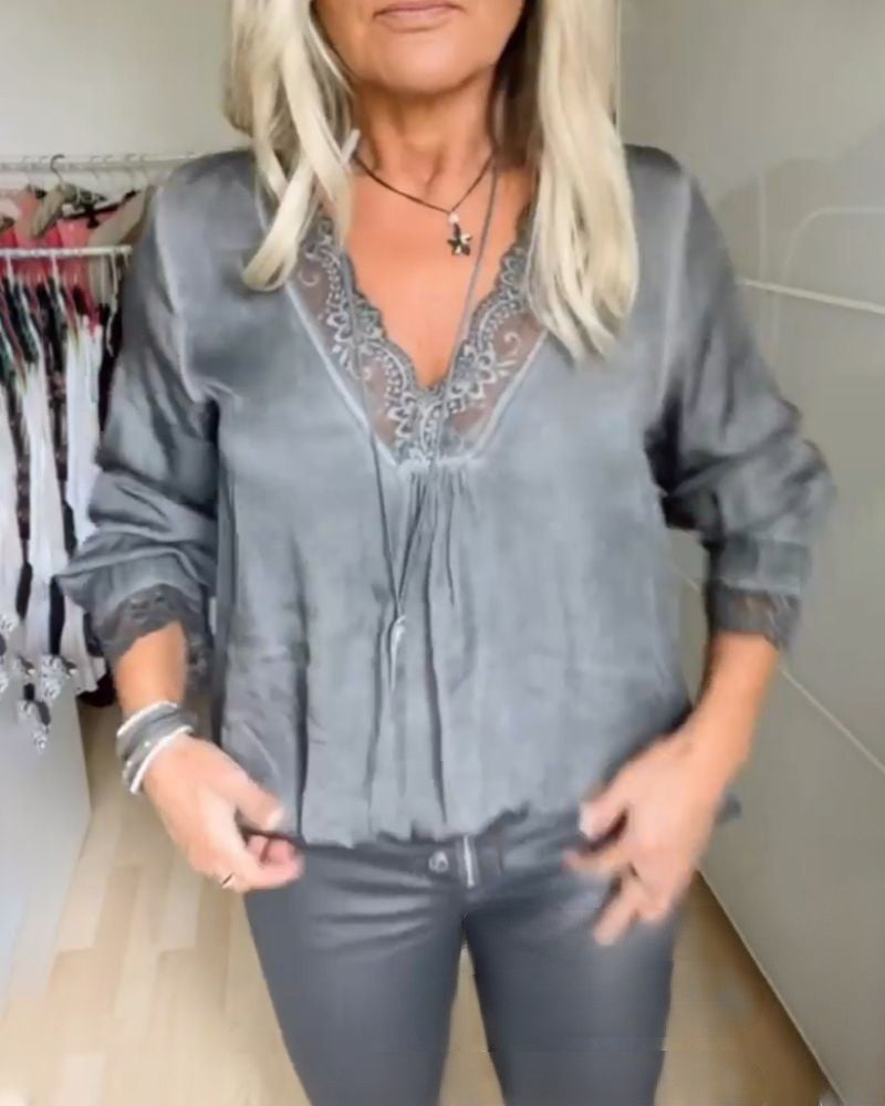Solid color v-neck lace blouse