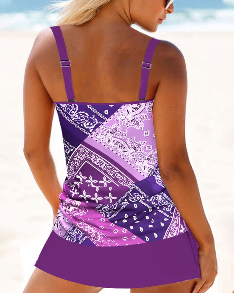 Drawstring Geometric Print Tankini