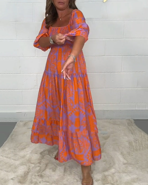 Square neck print half sleeve dress