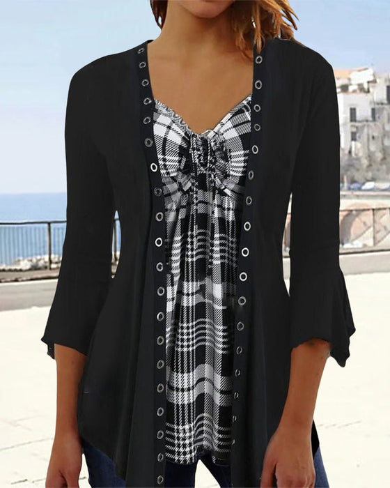 3/4 Sleeve Plaid Panel Top