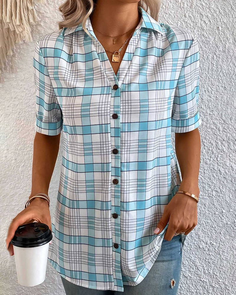 Plaid-print lapel collar blouse