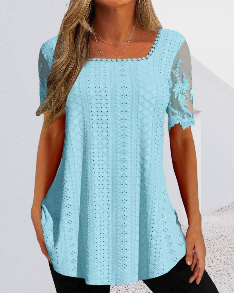Hollow embroidery short-sleeved blouse