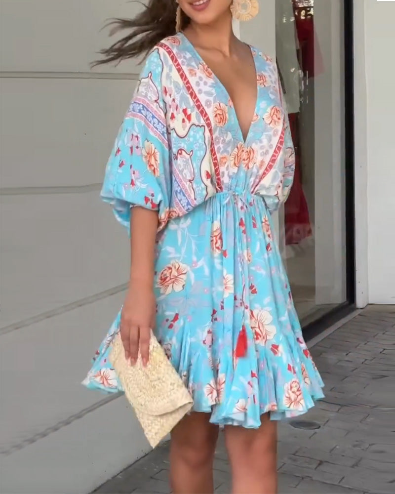 V-neck floral print elegant dress