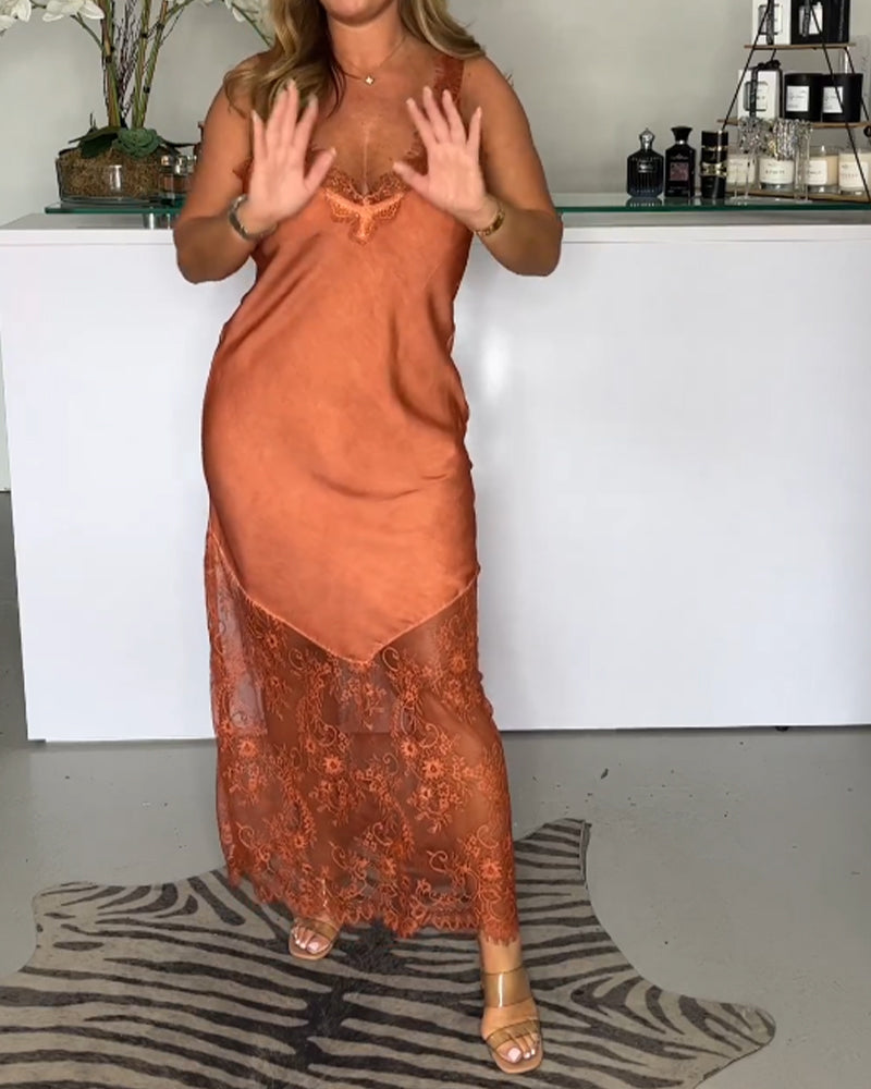 Solid color lace suspender dress