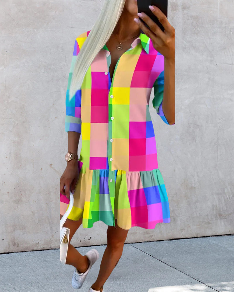 Colorful plaid print shirt dress