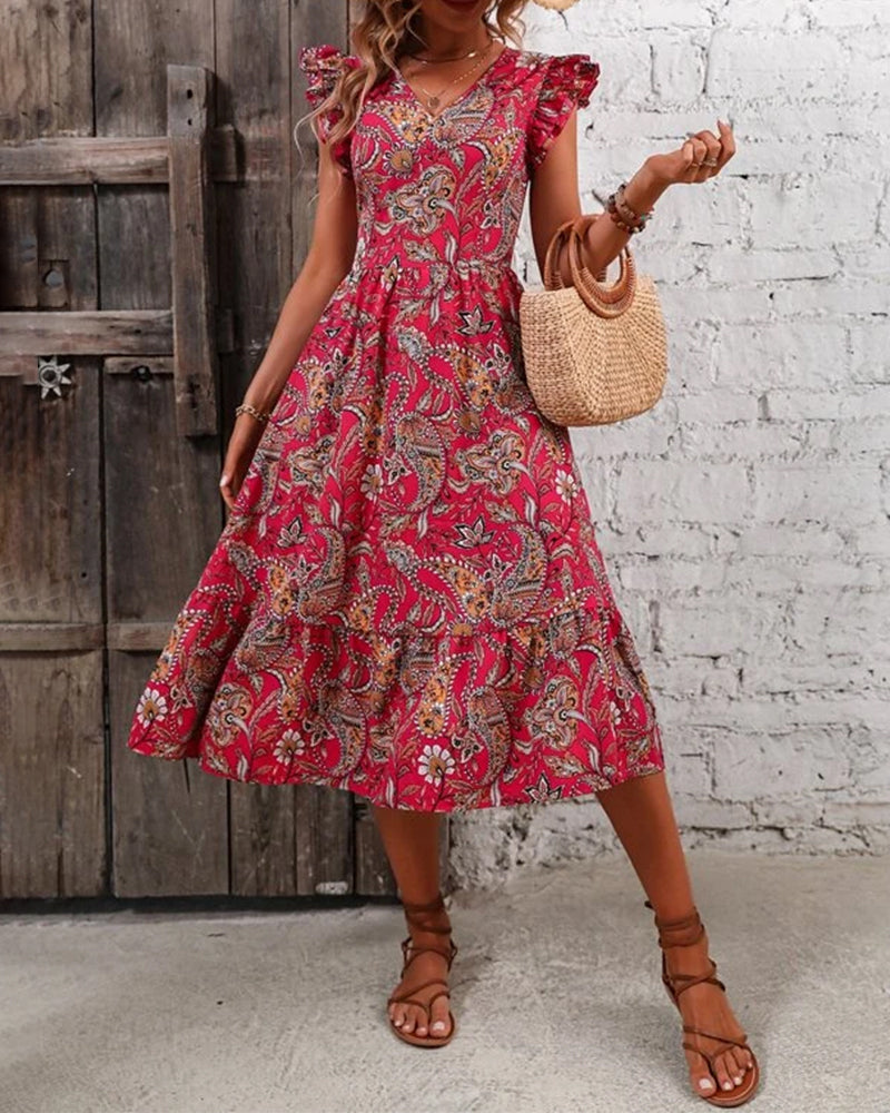 Printed v-neck short-sleeved dress