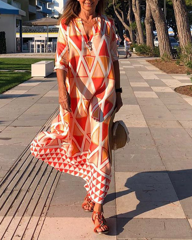 Geometric print v-neck casual dress