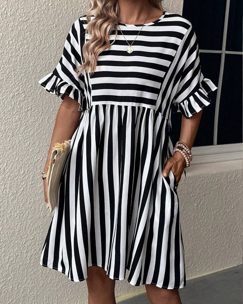 Round Neck Striped Print A-Line Dress