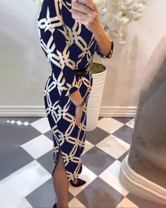 Geometric print side slit elegant dress