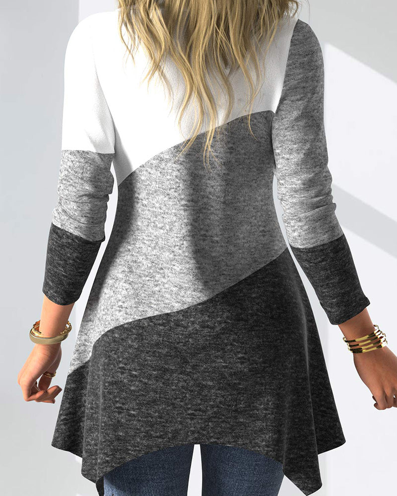 Colorblock long-sleeve top with scarf collar