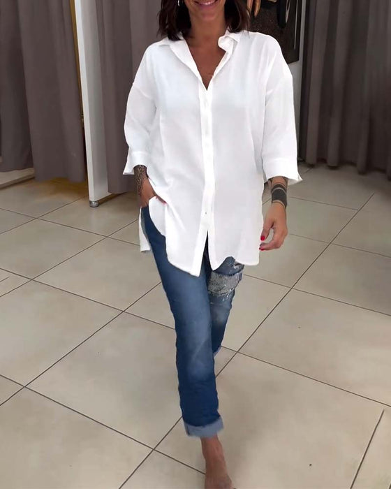 Lapel solid color button-down shirt