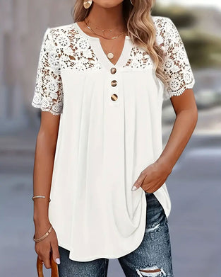 Hollow Lace Patchwork Pleated T-Shirt