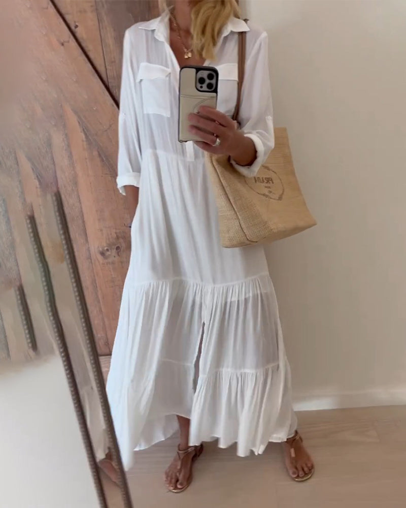 Lapel solid color patchwork casual dress