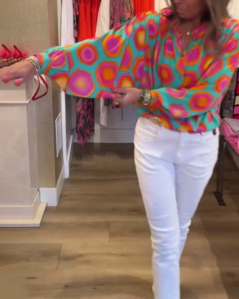 Colorful geometric print stand collar shirt