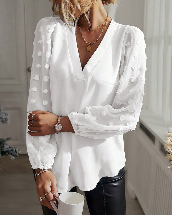 Dot Patchwork Lantern Sleeve V-Neck Tops