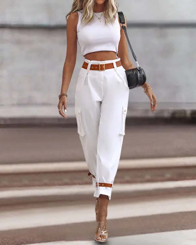 Solid color pocket casual cargo pants