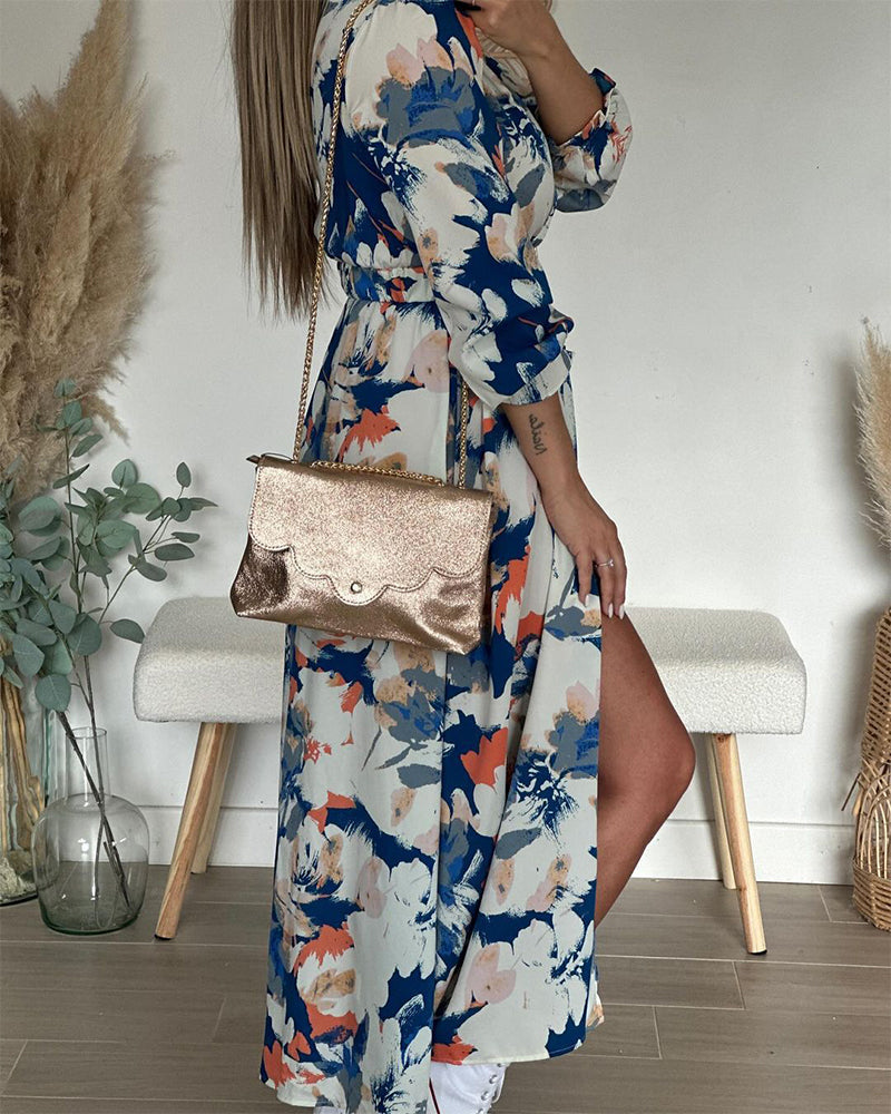 Elegant dress with floral print slit
