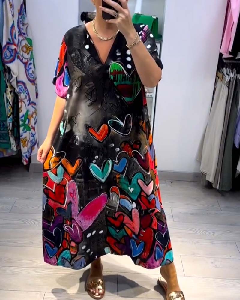 V-neck printed love casual dress