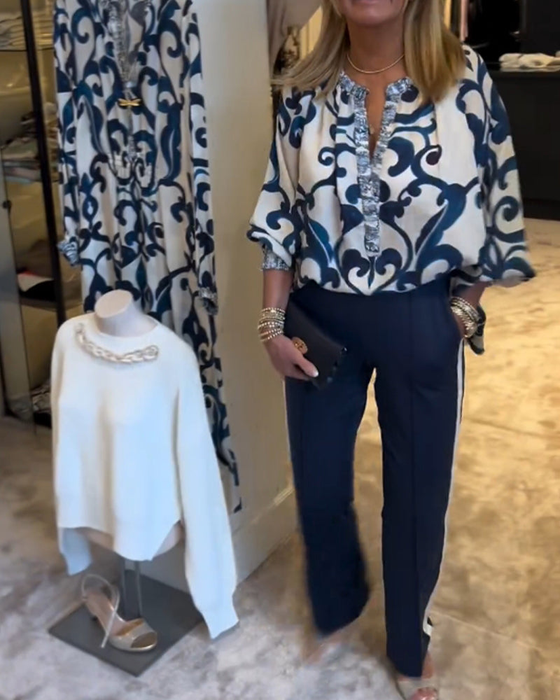 Retro pattern print lantern sleeve blouse