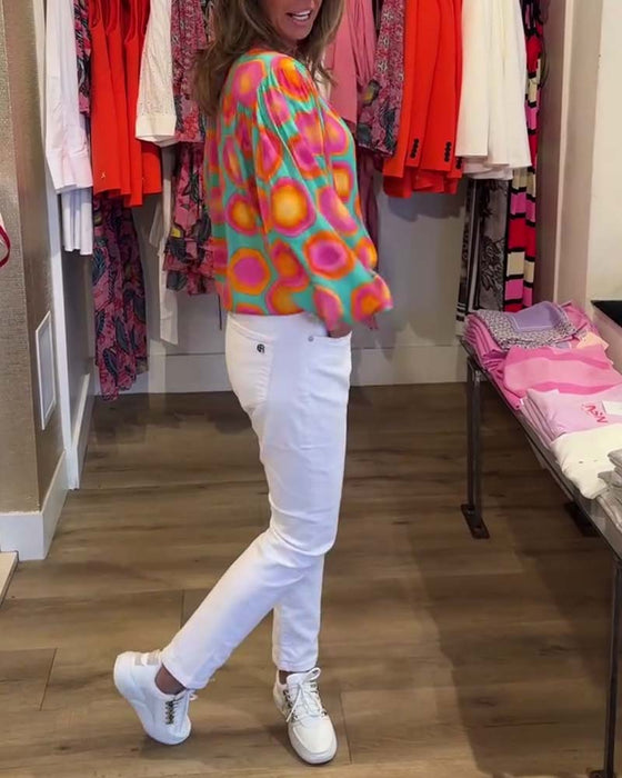 Colorful geometric print stand collar shirt