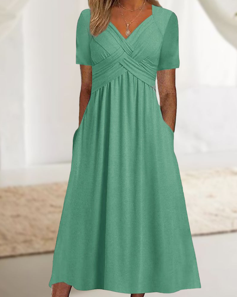 Solid color v neck dress