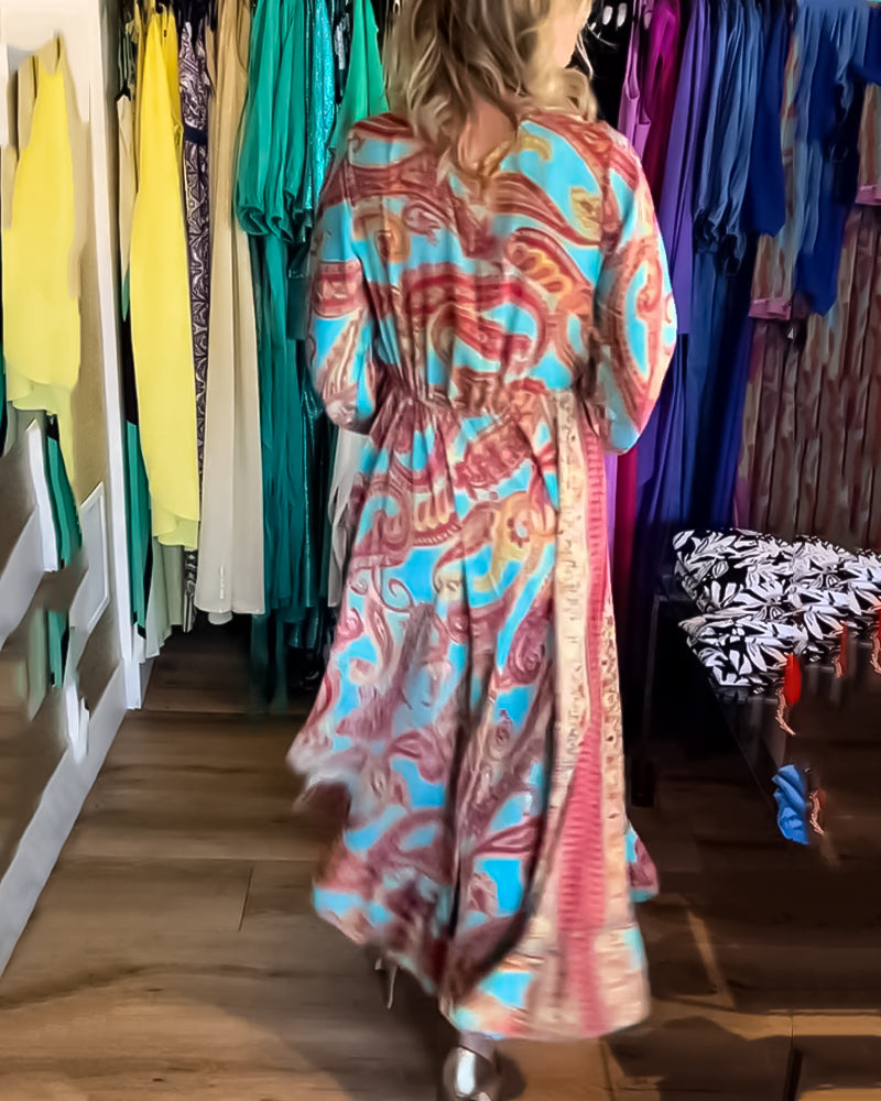 Fashion print long sleeve long dress