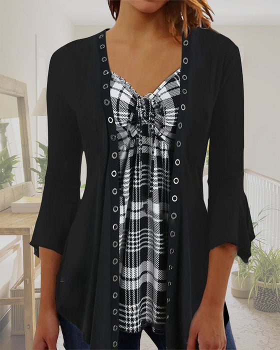 3/4 Sleeve Plaid Panel Top