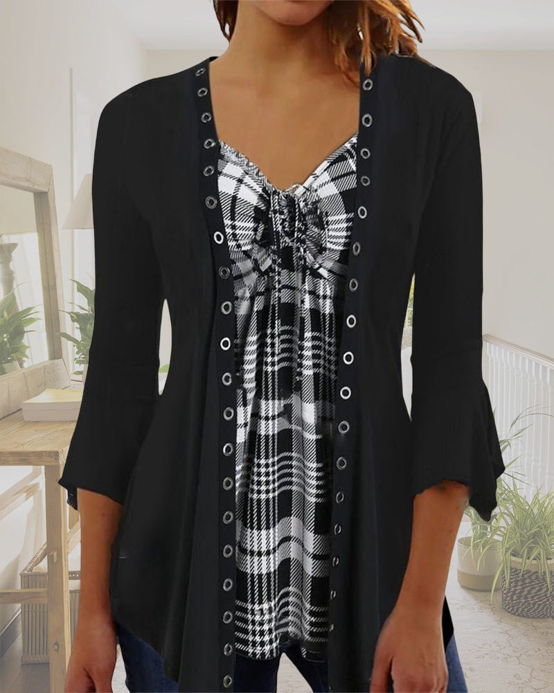 3/4 Sleeve Plaid Panel Top