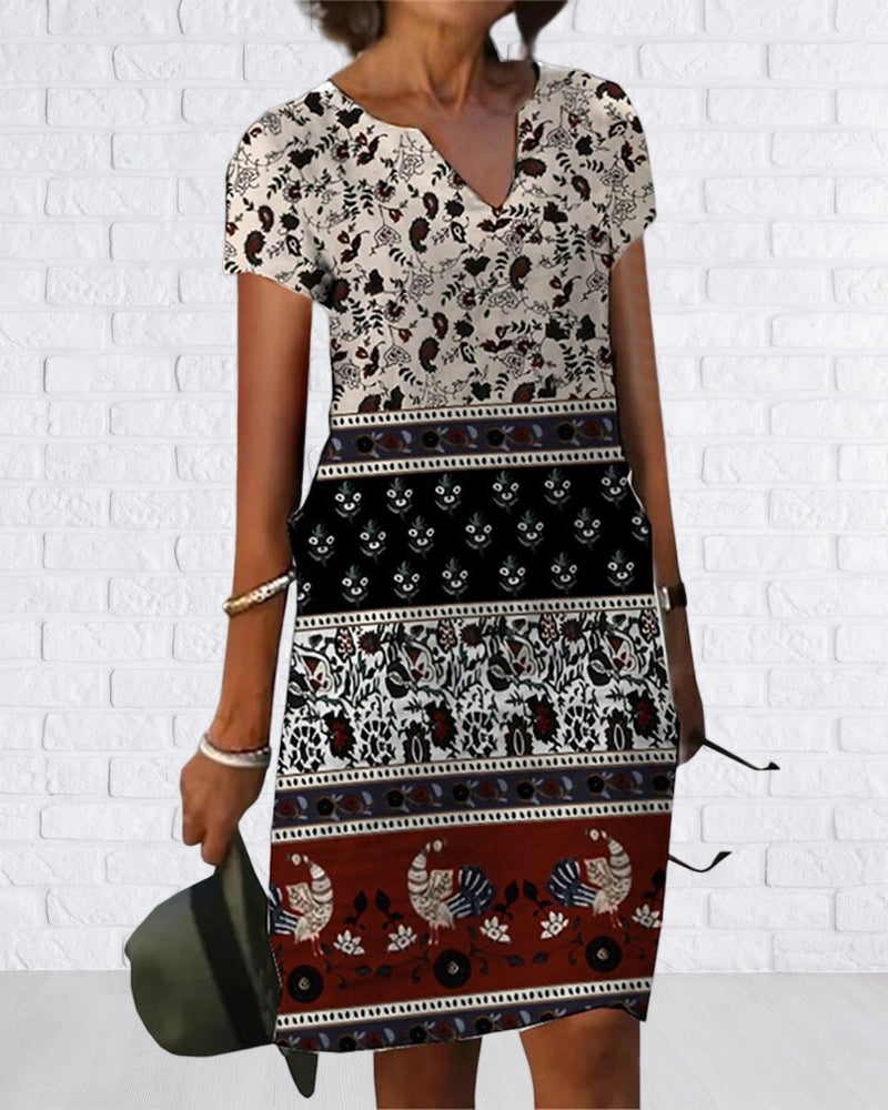 Color block print v-neck dress
