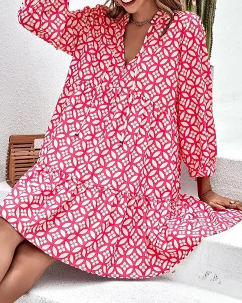 V-neck Long Sleeve Print Dress