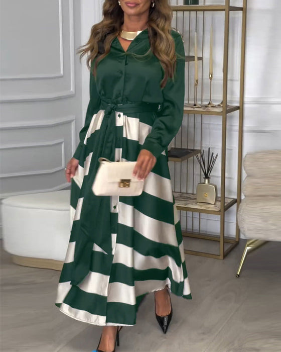 Elegant striped printed lapel strap dress