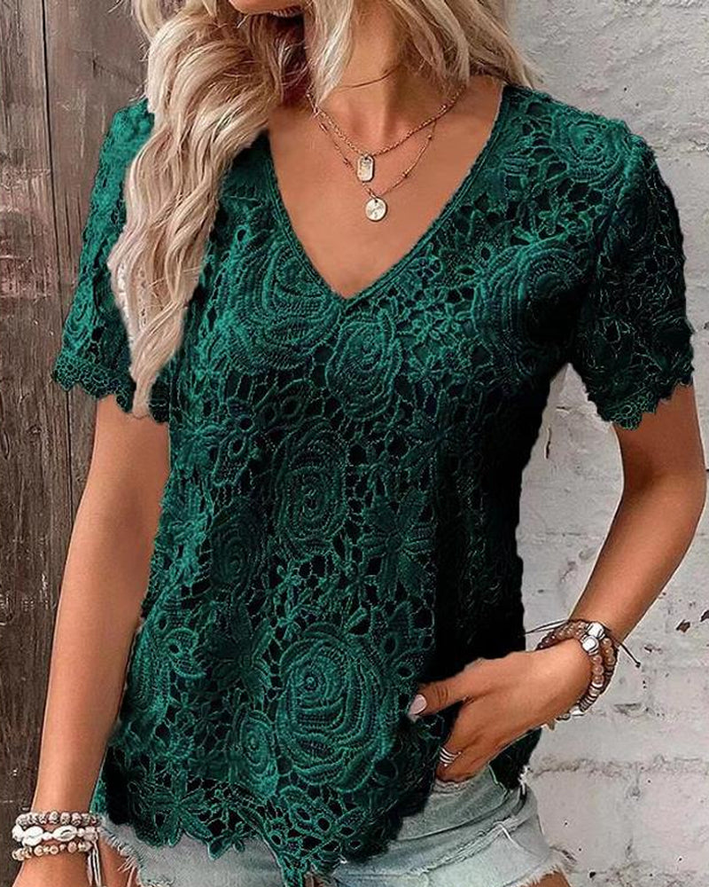 Lace v-neck short-sleeved blouse