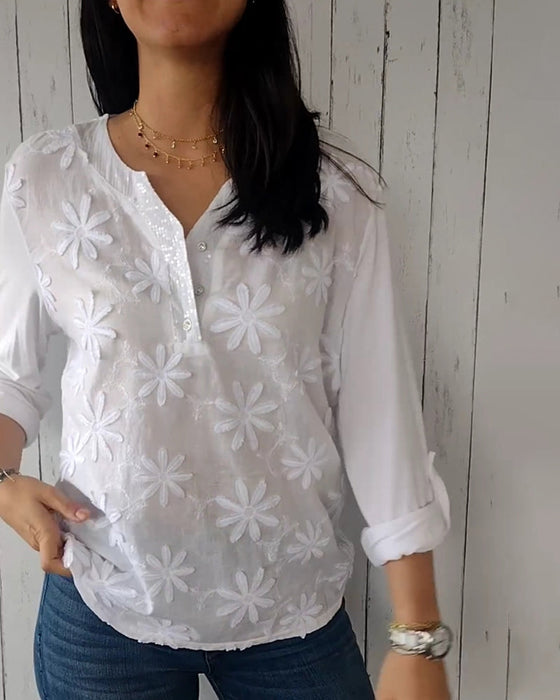 V-neck embroidered long-sleeved top