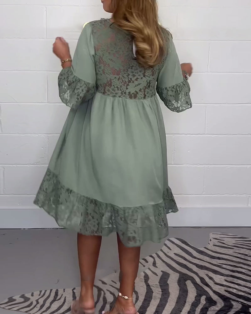 Elegant solid color lace loose V-neck dress