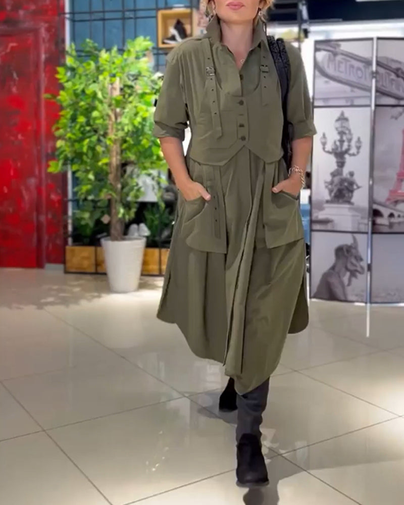 Lapel casual pocket solid color dress