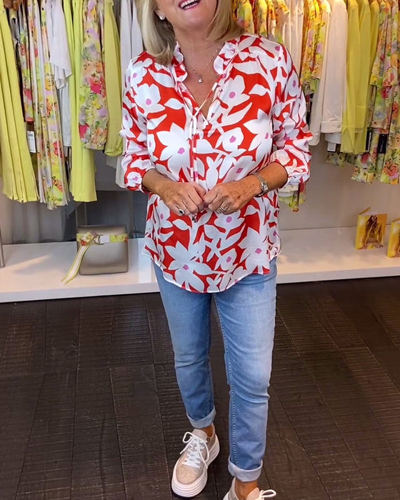 Floral print V-neck lace up blouse