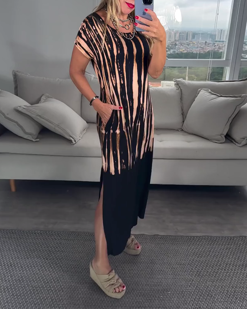 Casual Short-Sleeved Slit Round Neck Printed Dress