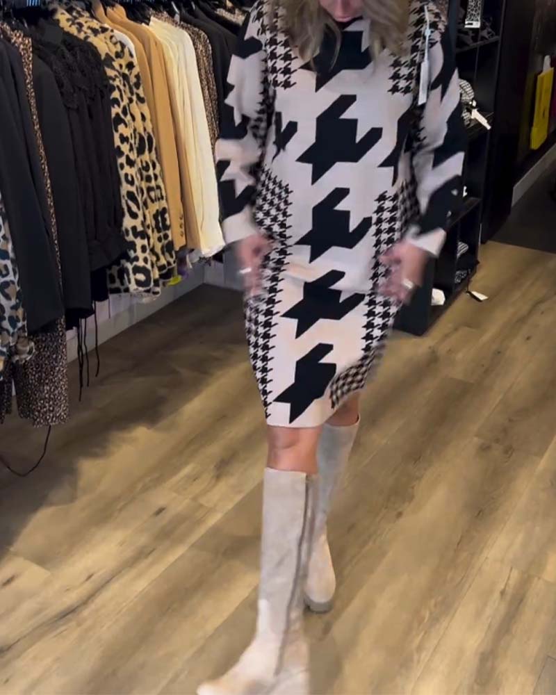 Houndstooth long sleeve dress