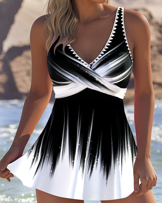 One-Piece Gradient Contrast Print Swimdress