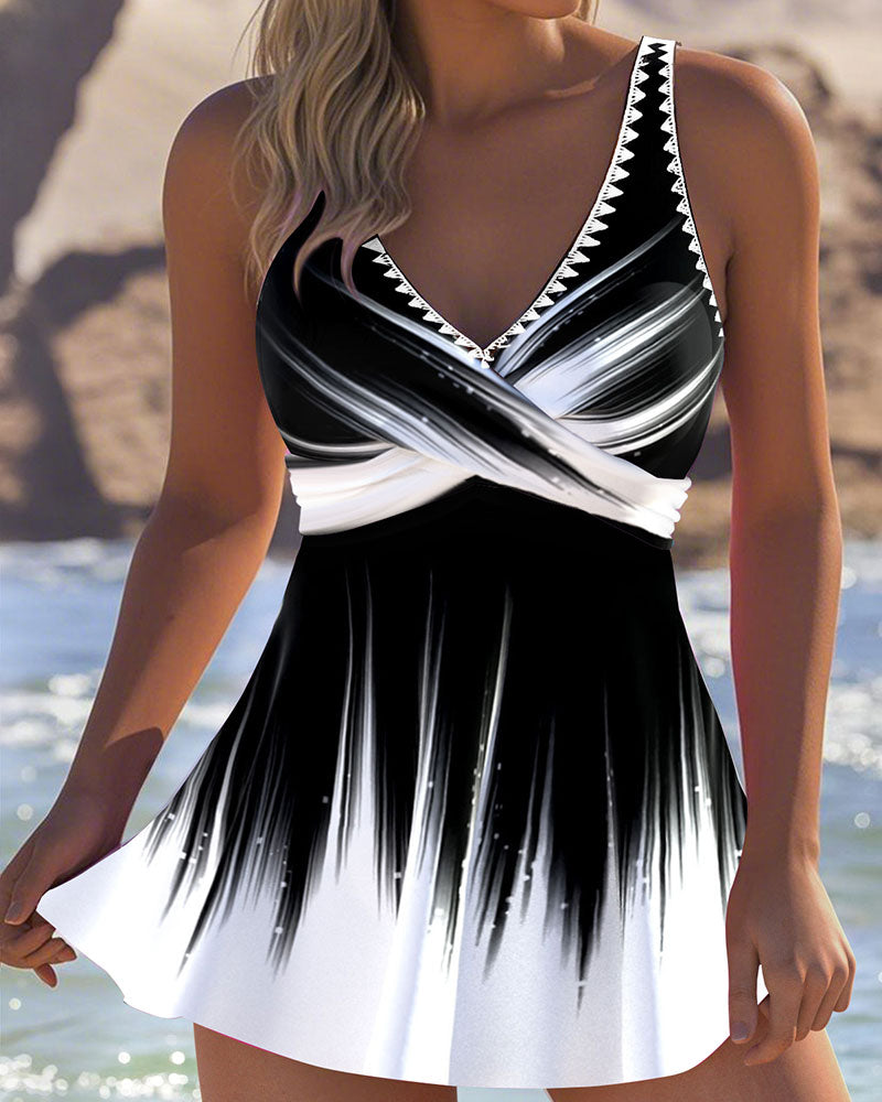 One-Piece Gradient Contrast Print Swimdress