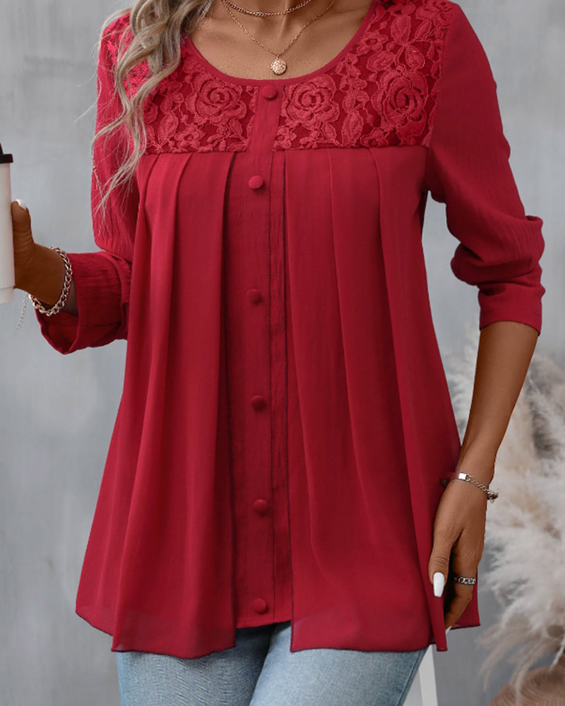 Elegant Button Lace Top with Round Neck