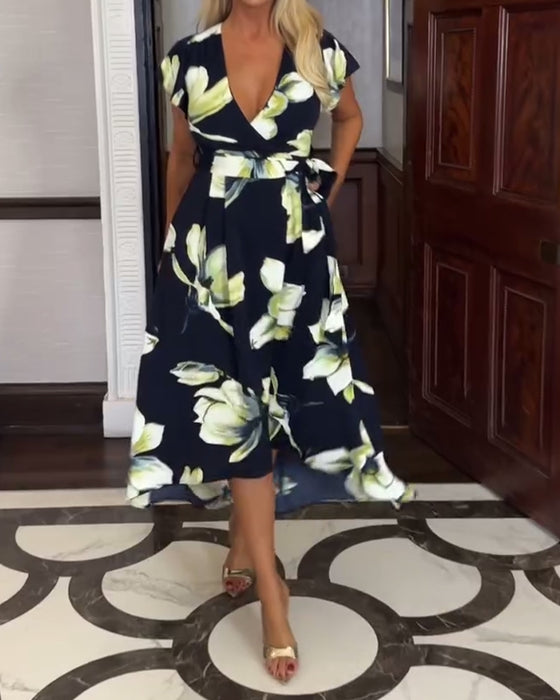 V-Neck Floral Print Waisted Short-Sleeved Dress