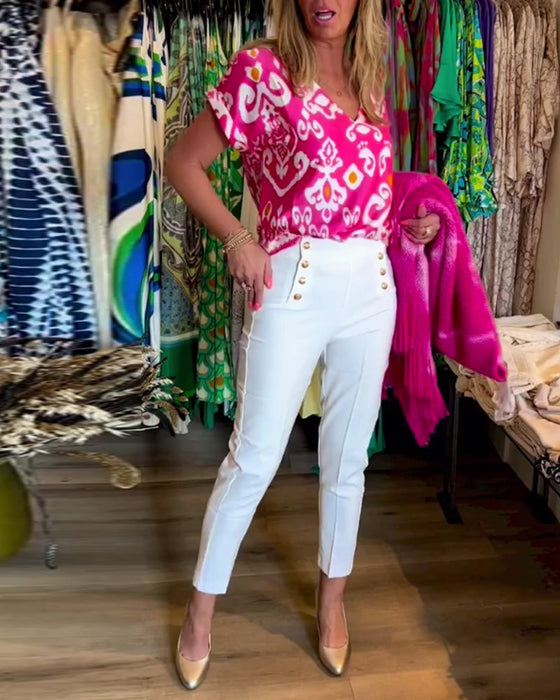 Printed V-neck short-sleeved top