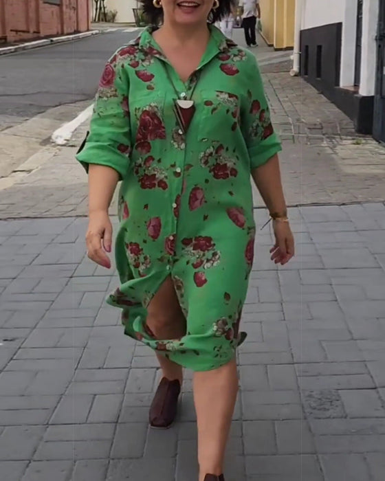 Button printed lapel dress