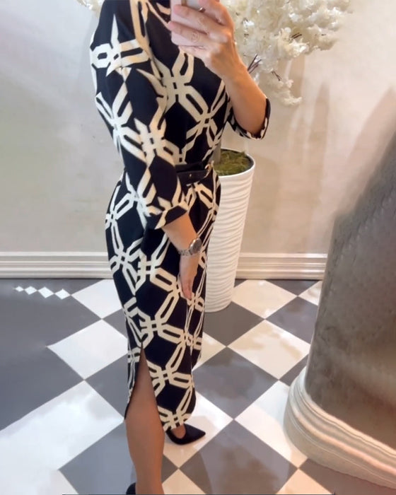 Geometric print side slit elegant dress