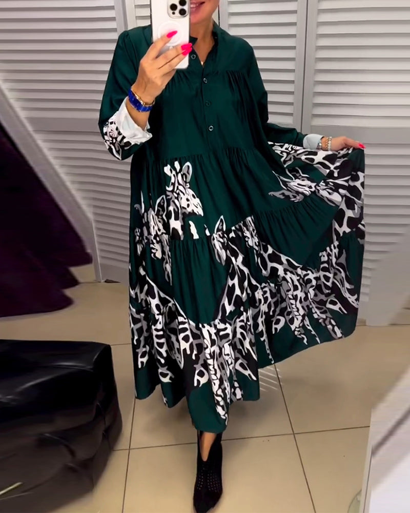 Printed button casual long dress
