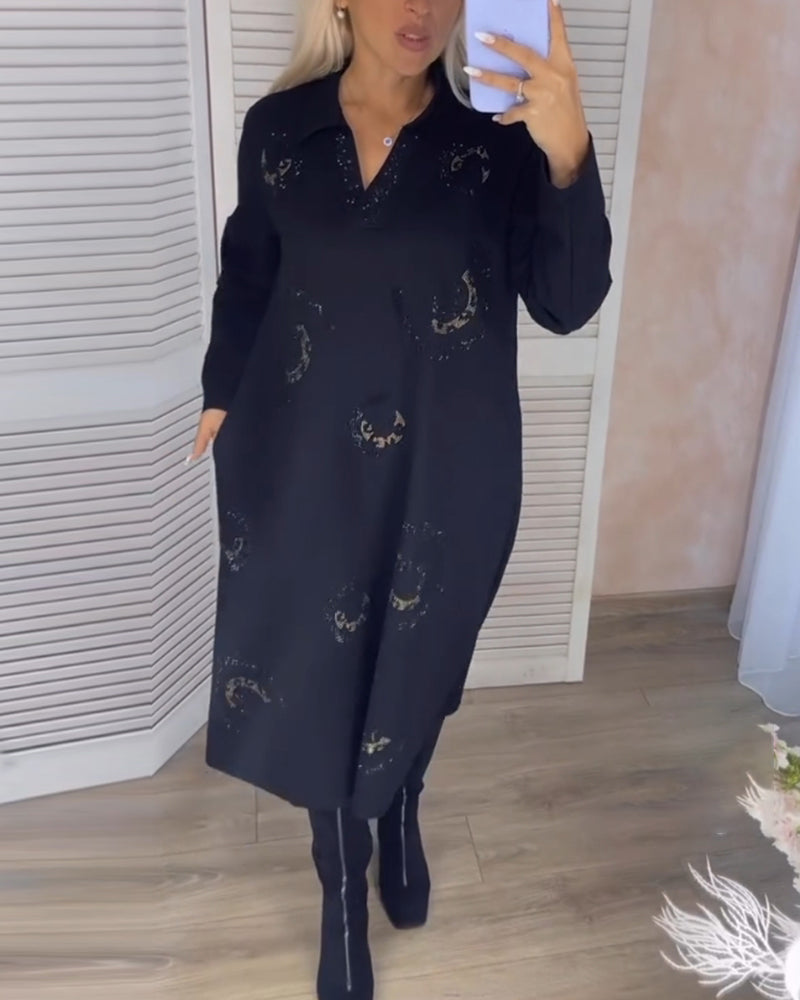 Lapel Long Sleeve Midi Dress