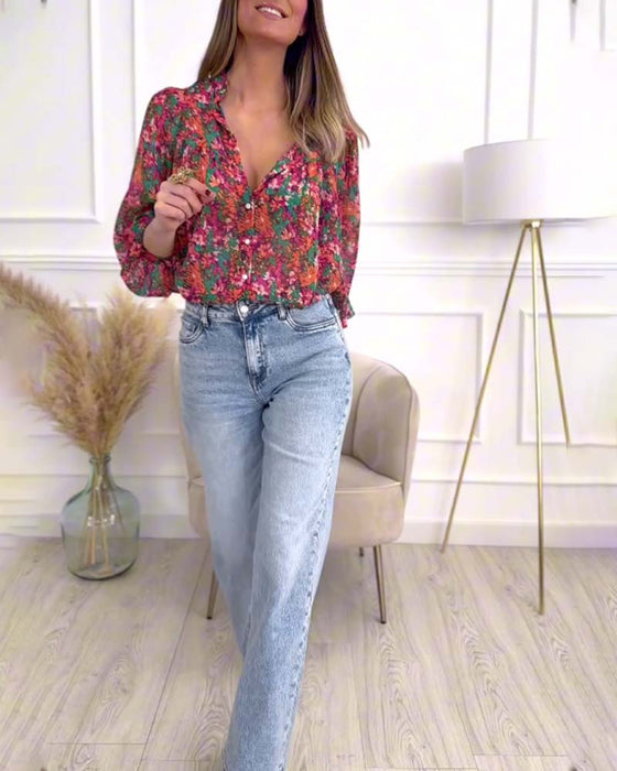 Puff-sleeve printed button-down shirt